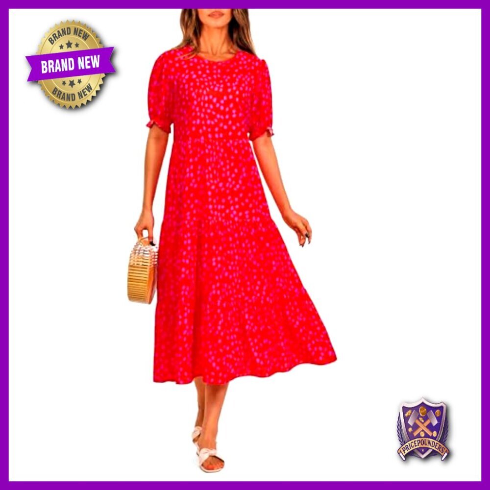 Floral Boho Midi Dress Casual Puff Sleeve Flowy Summer Beach Vacation Sundress - Picture 6 of 7